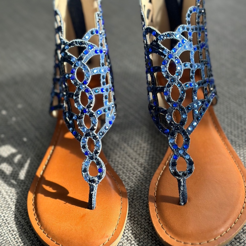 New Denim Gladiator Sandals with Blue Bling US Size 6